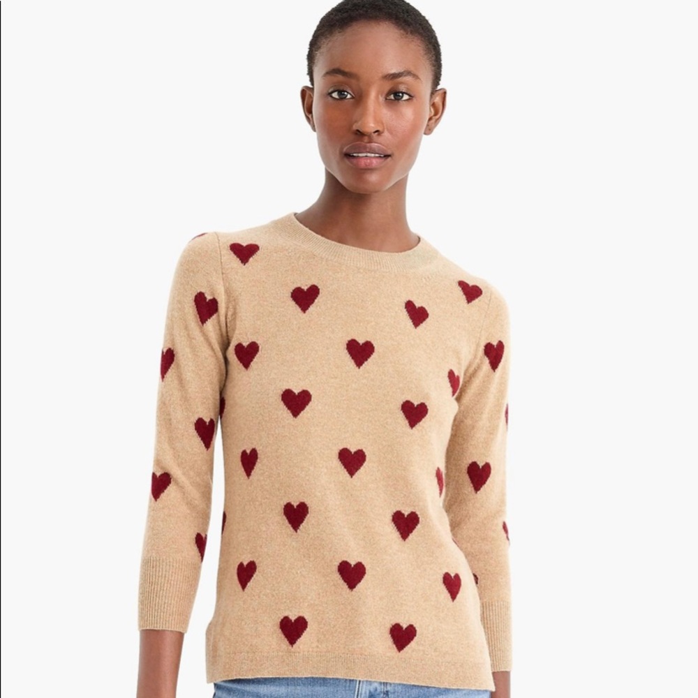 J Crew Cashmere Sweater in Camel with Burgundy/Wine Hearts